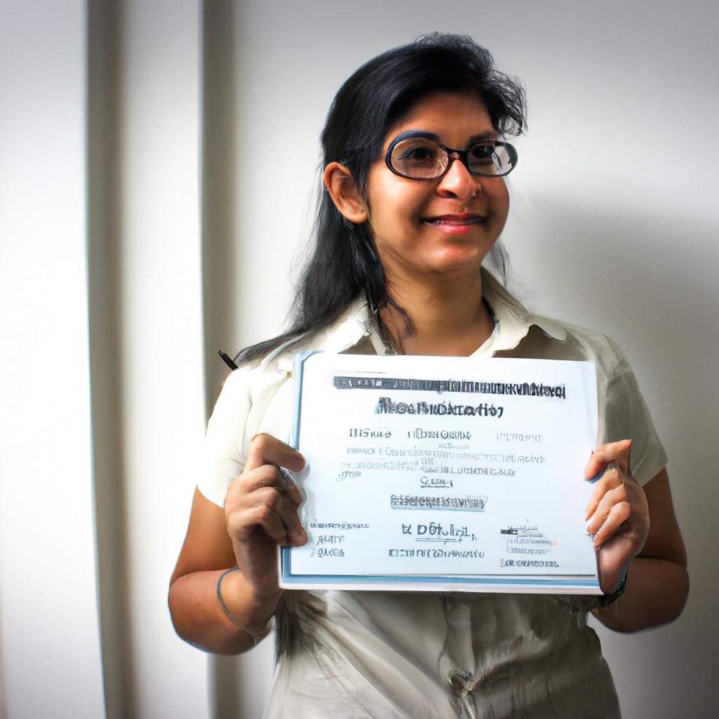 Person holding certification document, smiling
